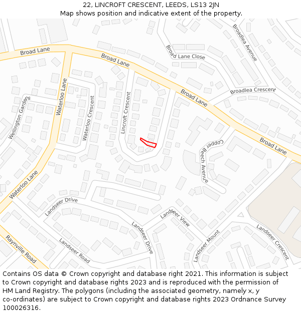 22, LINCROFT CRESCENT, LEEDS, LS13 2JN: Location map and indicative extent of plot