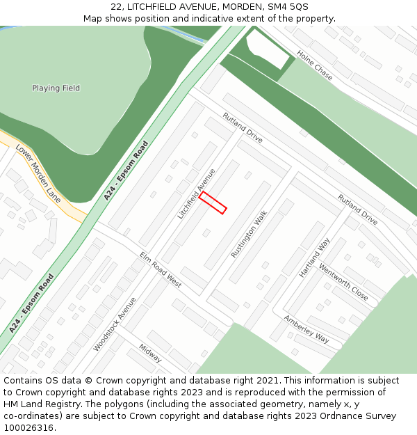 22, LITCHFIELD AVENUE, MORDEN, SM4 5QS: Location map and indicative extent of plot