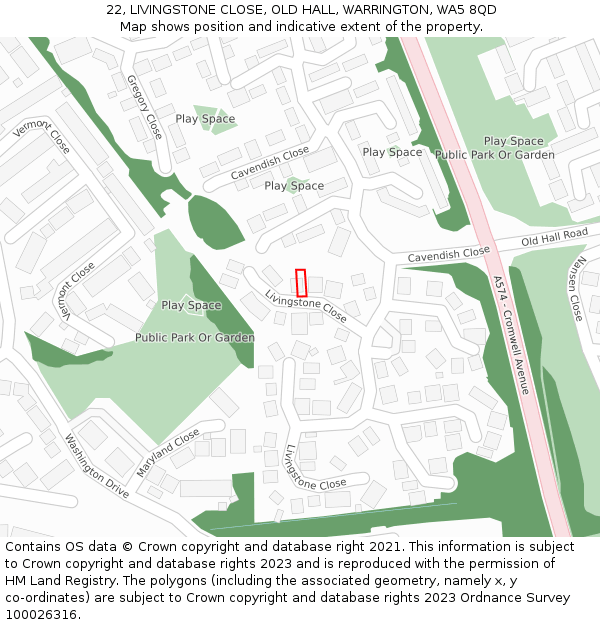 22, LIVINGSTONE CLOSE, OLD HALL, WARRINGTON, WA5 8QD: Location map and indicative extent of plot