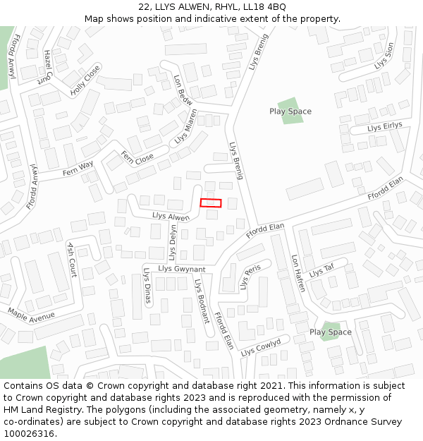 22, LLYS ALWEN, RHYL, LL18 4BQ: Location map and indicative extent of plot