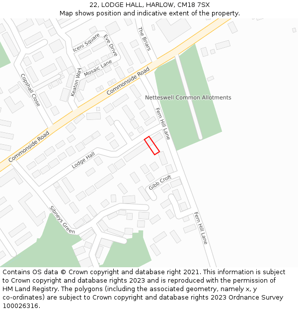 22, LODGE HALL, HARLOW, CM18 7SX: Location map and indicative extent of plot