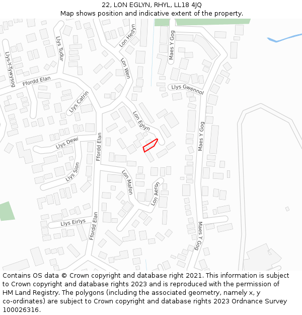 22, LON EGLYN, RHYL, LL18 4JQ: Location map and indicative extent of plot