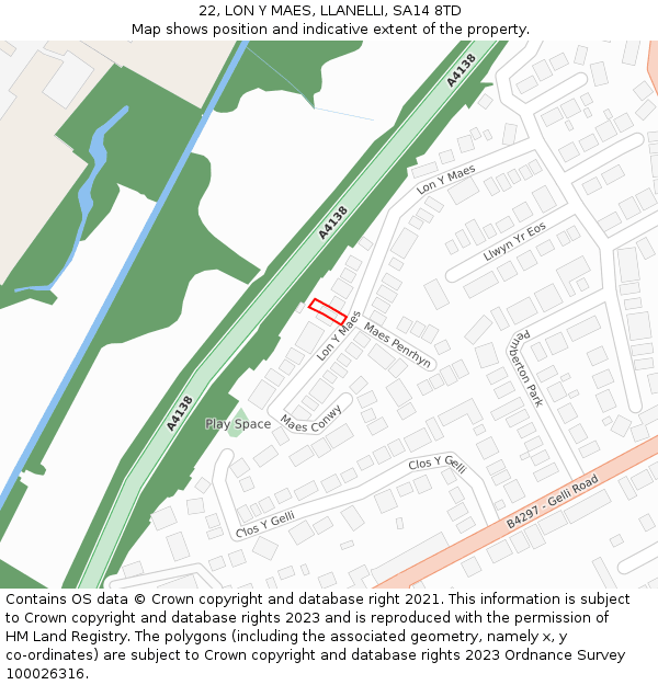 22, LON Y MAES, LLANELLI, SA14 8TD: Location map and indicative extent of plot