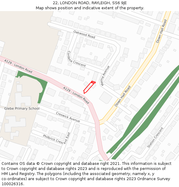 22, LONDON ROAD, RAYLEIGH, SS6 9JE: Location map and indicative extent of plot