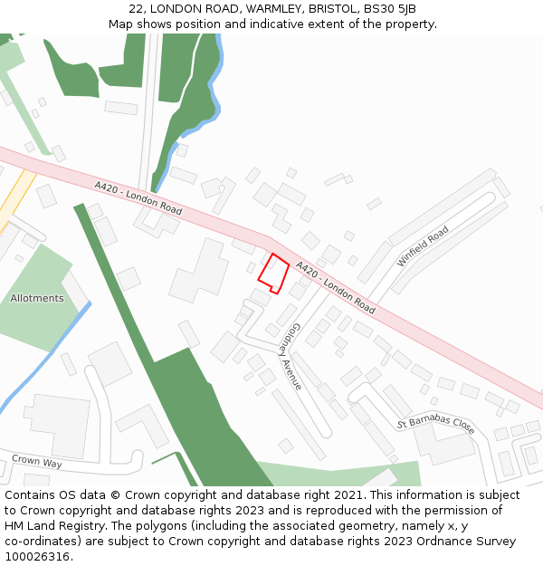 22, LONDON ROAD, WARMLEY, BRISTOL, BS30 5JB: Location map and indicative extent of plot