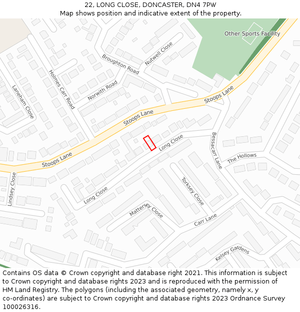 22, LONG CLOSE, DONCASTER, DN4 7PW: Location map and indicative extent of plot