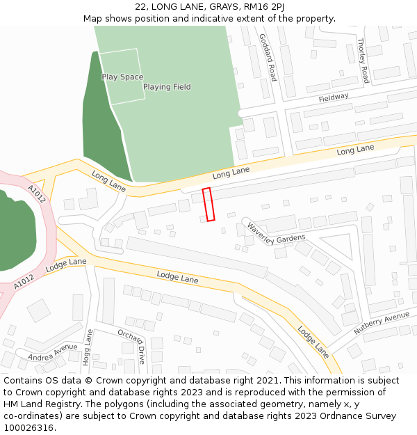 22, LONG LANE, GRAYS, RM16 2PJ: Location map and indicative extent of plot