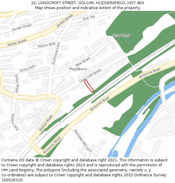 22, LONGCROFT STREET, GOLCAR, HUDDERSFIELD, HD7 4EA: Location map and indicative extent of plot