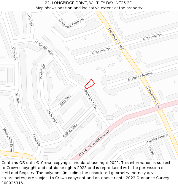 22, LONGRIDGE DRIVE, WHITLEY BAY, NE26 3EL: Location map and indicative extent of plot