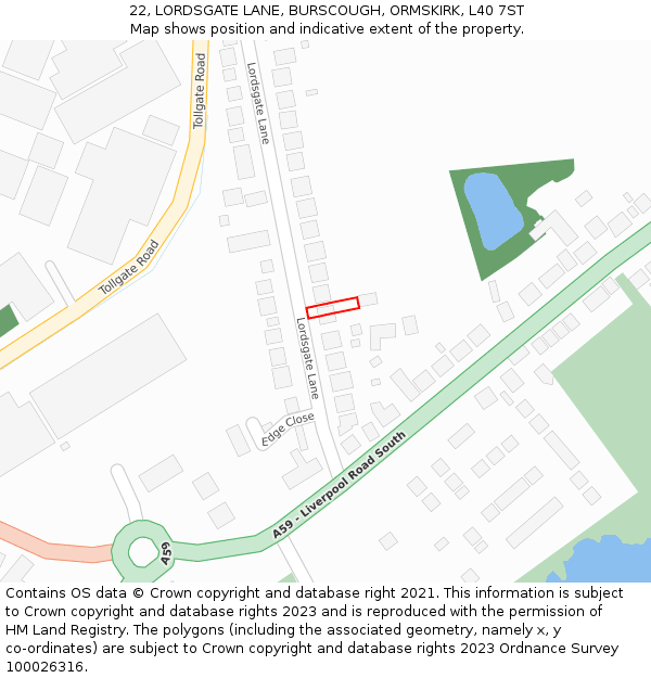 22, LORDSGATE LANE, BURSCOUGH, ORMSKIRK, L40 7ST: Location map and indicative extent of plot