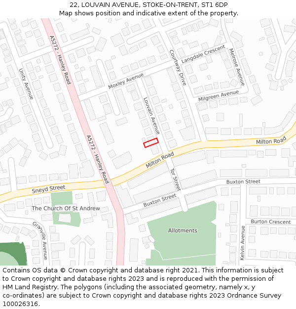 22, LOUVAIN AVENUE, STOKE-ON-TRENT, ST1 6DP: Location map and indicative extent of plot