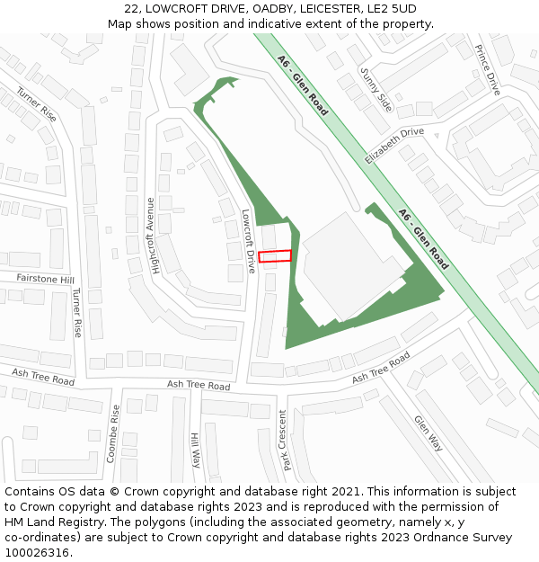 22, LOWCROFT DRIVE, OADBY, LEICESTER, LE2 5UD: Location map and indicative extent of plot