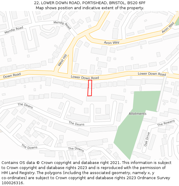 22, LOWER DOWN ROAD, PORTISHEAD, BRISTOL, BS20 6PF: Location map and indicative extent of plot