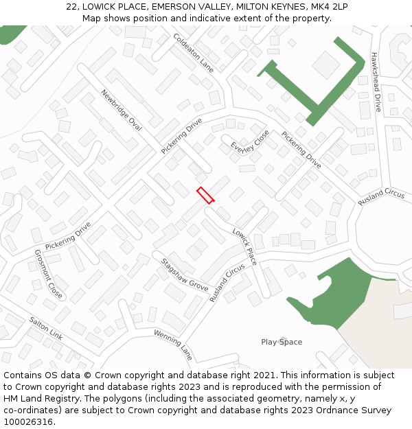 22, LOWICK PLACE, EMERSON VALLEY, MILTON KEYNES, MK4 2LP: Location map and indicative extent of plot