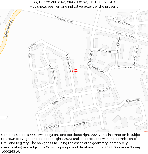 22, LUCCOMBE OAK, CRANBROOK, EXETER, EX5 7FR: Location map and indicative extent of plot