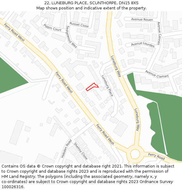 22, LUNEBURG PLACE, SCUNTHORPE, DN15 8XS: Location map and indicative extent of plot
