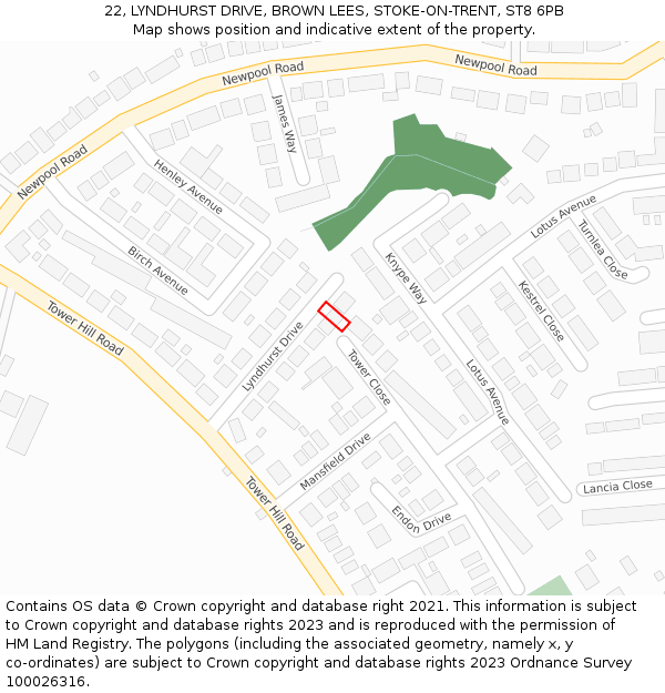 22, LYNDHURST DRIVE, BROWN LEES, STOKE-ON-TRENT, ST8 6PB: Location map and indicative extent of plot