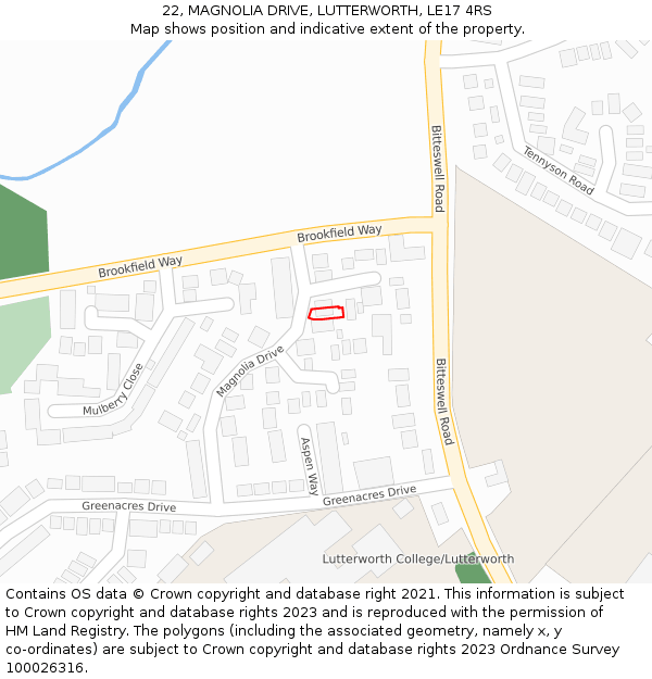 22, MAGNOLIA DRIVE, LUTTERWORTH, LE17 4RS: Location map and indicative extent of plot