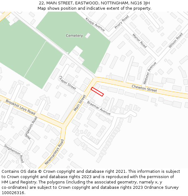 22, MAIN STREET, EASTWOOD, NOTTINGHAM, NG16 3JH: Location map and indicative extent of plot