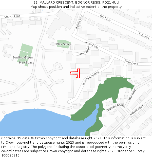 22, MALLARD CRESCENT, BOGNOR REGIS, PO21 4UU: Location map and indicative extent of plot