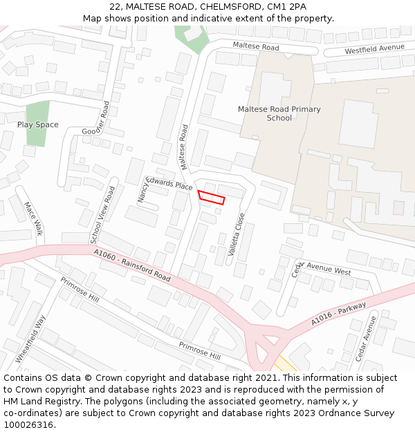 22, MALTESE ROAD, CHELMSFORD, CM1 2PA: Location map and indicative extent of plot