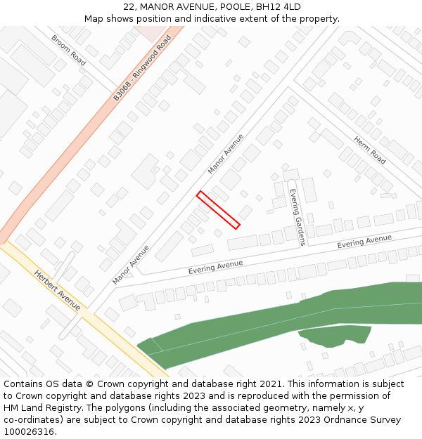 22, MANOR AVENUE, POOLE, BH12 4LD: Location map and indicative extent of plot