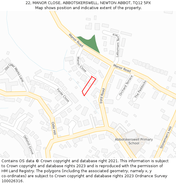 22, MANOR CLOSE, ABBOTSKERSWELL, NEWTON ABBOT, TQ12 5PX: Location map and indicative extent of plot