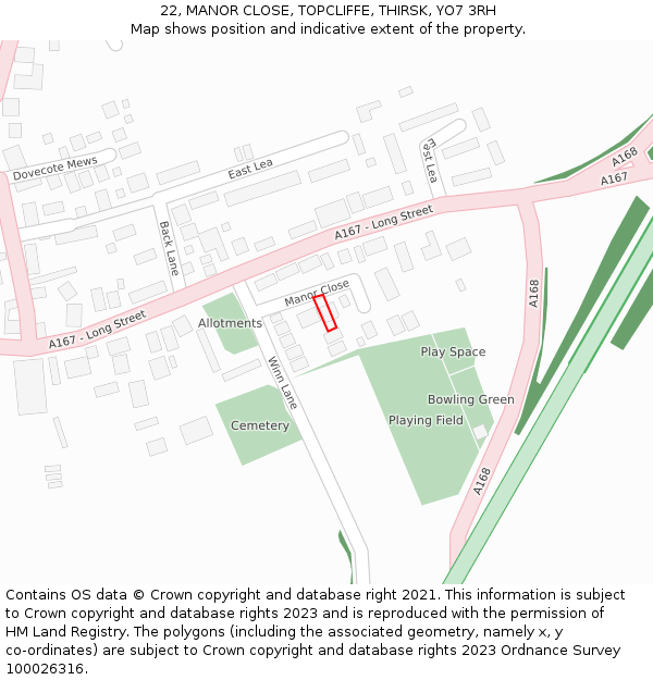 22, MANOR CLOSE, TOPCLIFFE, THIRSK, YO7 3RH: Location map and indicative extent of plot