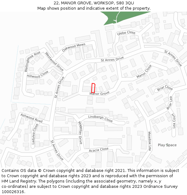 22, MANOR GROVE, WORKSOP, S80 3QU: Location map and indicative extent of plot
