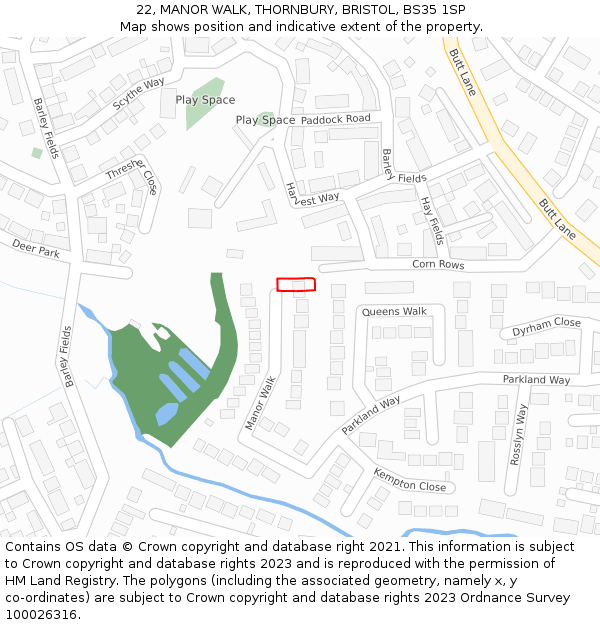 22, MANOR WALK, THORNBURY, BRISTOL, BS35 1SP: Location map and indicative extent of plot