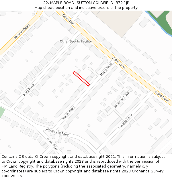 22, MAPLE ROAD, SUTTON COLDFIELD, B72 1JP: Location map and indicative extent of plot