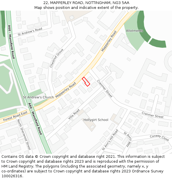 22, MAPPERLEY ROAD, NOTTINGHAM, NG3 5AA: Location map and indicative extent of plot