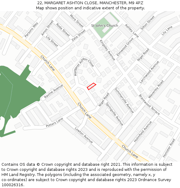 22, MARGARET ASHTON CLOSE, MANCHESTER, M9 4PZ: Location map and indicative extent of plot