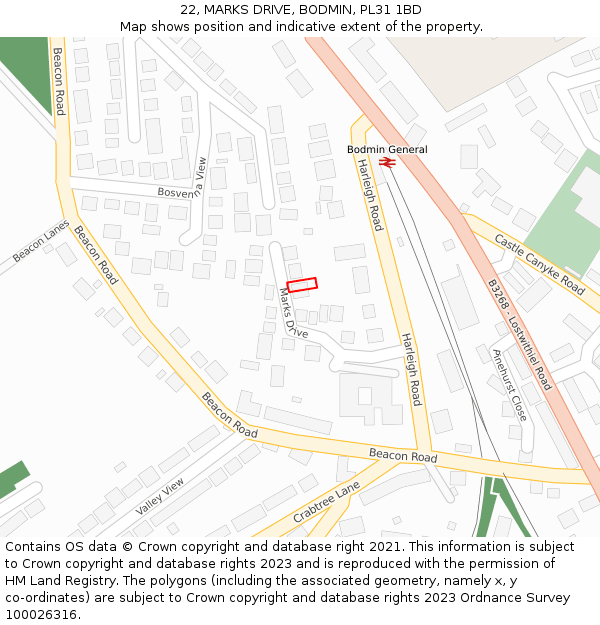 22, MARKS DRIVE, BODMIN, PL31 1BD: Location map and indicative extent of plot