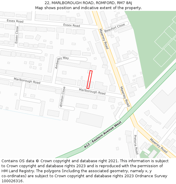 22, MARLBOROUGH ROAD, ROMFORD, RM7 8AJ: Location map and indicative extent of plot