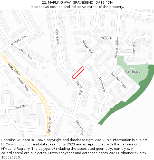 22, MARLING WAY, GRAVESEND, DA12 4DN: Location map and indicative extent of plot