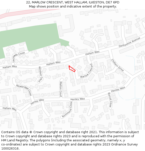 22, MARLOW CRESCENT, WEST HALLAM, ILKESTON, DE7 6PD: Location map and indicative extent of plot