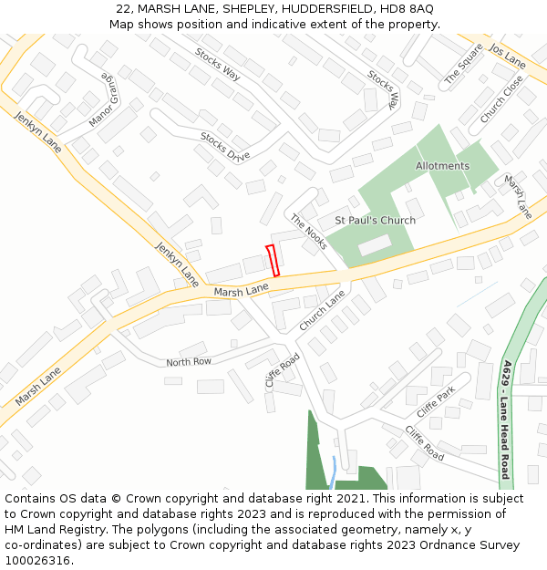 22, MARSH LANE, SHEPLEY, HUDDERSFIELD, HD8 8AQ: Location map and indicative extent of plot