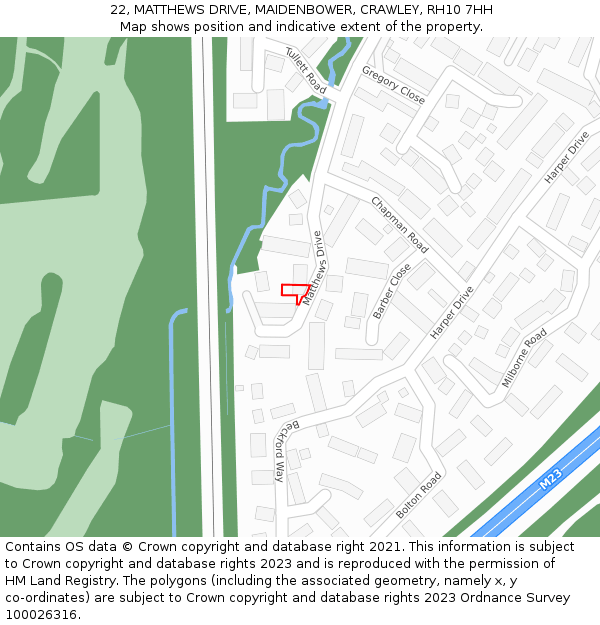 22, MATTHEWS DRIVE, MAIDENBOWER, CRAWLEY, RH10 7HH: Location map and indicative extent of plot