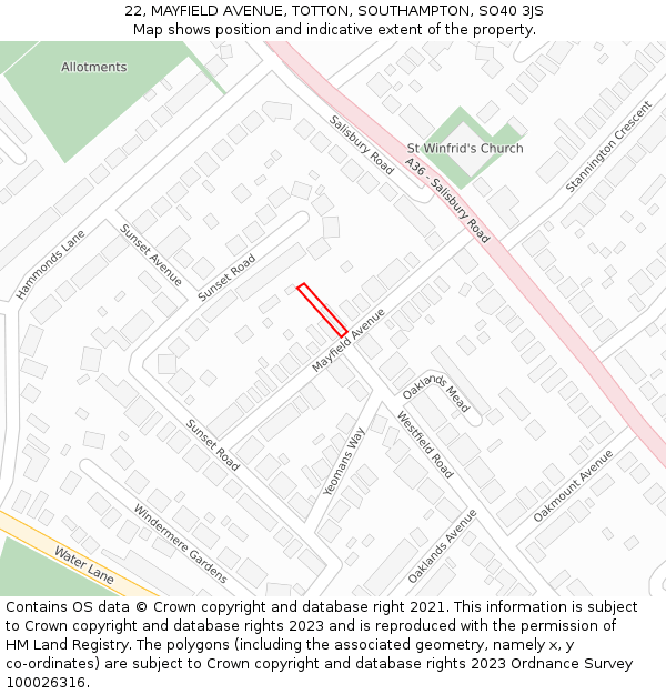 22, MAYFIELD AVENUE, TOTTON, SOUTHAMPTON, SO40 3JS: Location map and indicative extent of plot