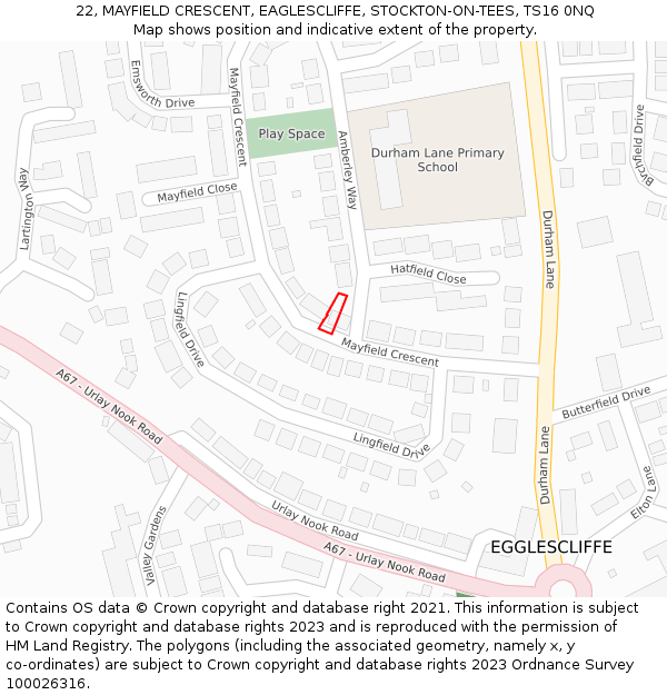 22, MAYFIELD CRESCENT, EAGLESCLIFFE, STOCKTON-ON-TEES, TS16 0NQ: Location map and indicative extent of plot