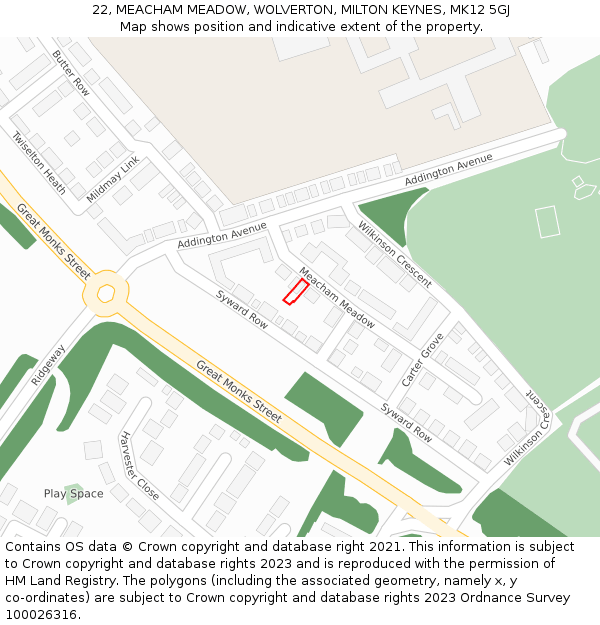 22, MEACHAM MEADOW, WOLVERTON, MILTON KEYNES, MK12 5GJ: Location map and indicative extent of plot