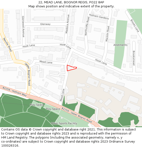 22, MEAD LANE, BOGNOR REGIS, PO22 8AP: Location map and indicative extent of plot