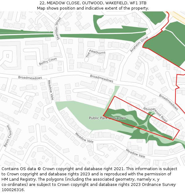 22, MEADOW CLOSE, OUTWOOD, WAKEFIELD, WF1 3TB: Location map and indicative extent of plot