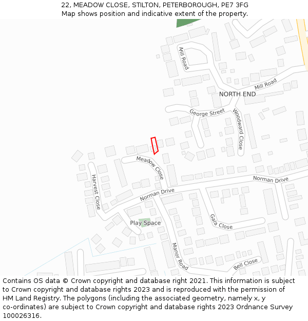 22, MEADOW CLOSE, STILTON, PETERBOROUGH, PE7 3FG: Location map and indicative extent of plot