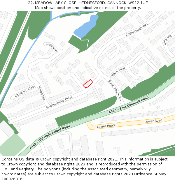 22, MEADOW LARK CLOSE, HEDNESFORD, CANNOCK, WS12 1UE: Location map and indicative extent of plot