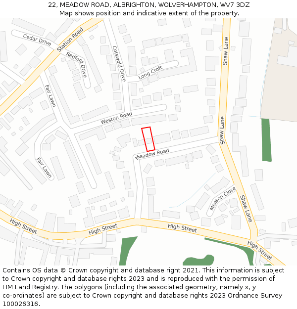 22, MEADOW ROAD, ALBRIGHTON, WOLVERHAMPTON, WV7 3DZ: Location map and indicative extent of plot