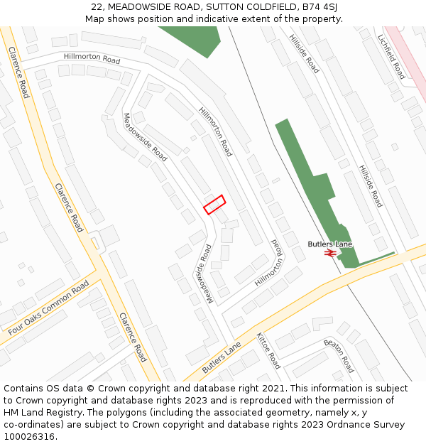 22, MEADOWSIDE ROAD, SUTTON COLDFIELD, B74 4SJ: Location map and indicative extent of plot