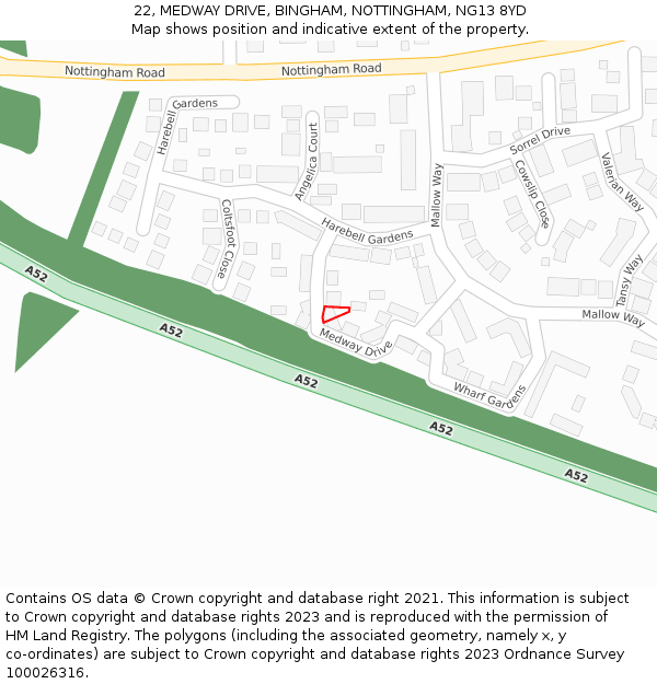 22, MEDWAY DRIVE, BINGHAM, NOTTINGHAM, NG13 8YD: Location map and indicative extent of plot