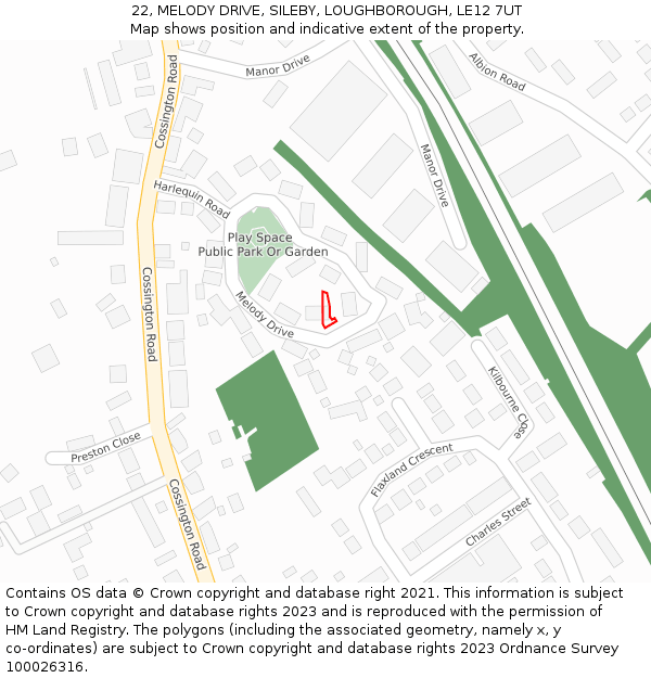 22, MELODY DRIVE, SILEBY, LOUGHBOROUGH, LE12 7UT: Location map and indicative extent of plot